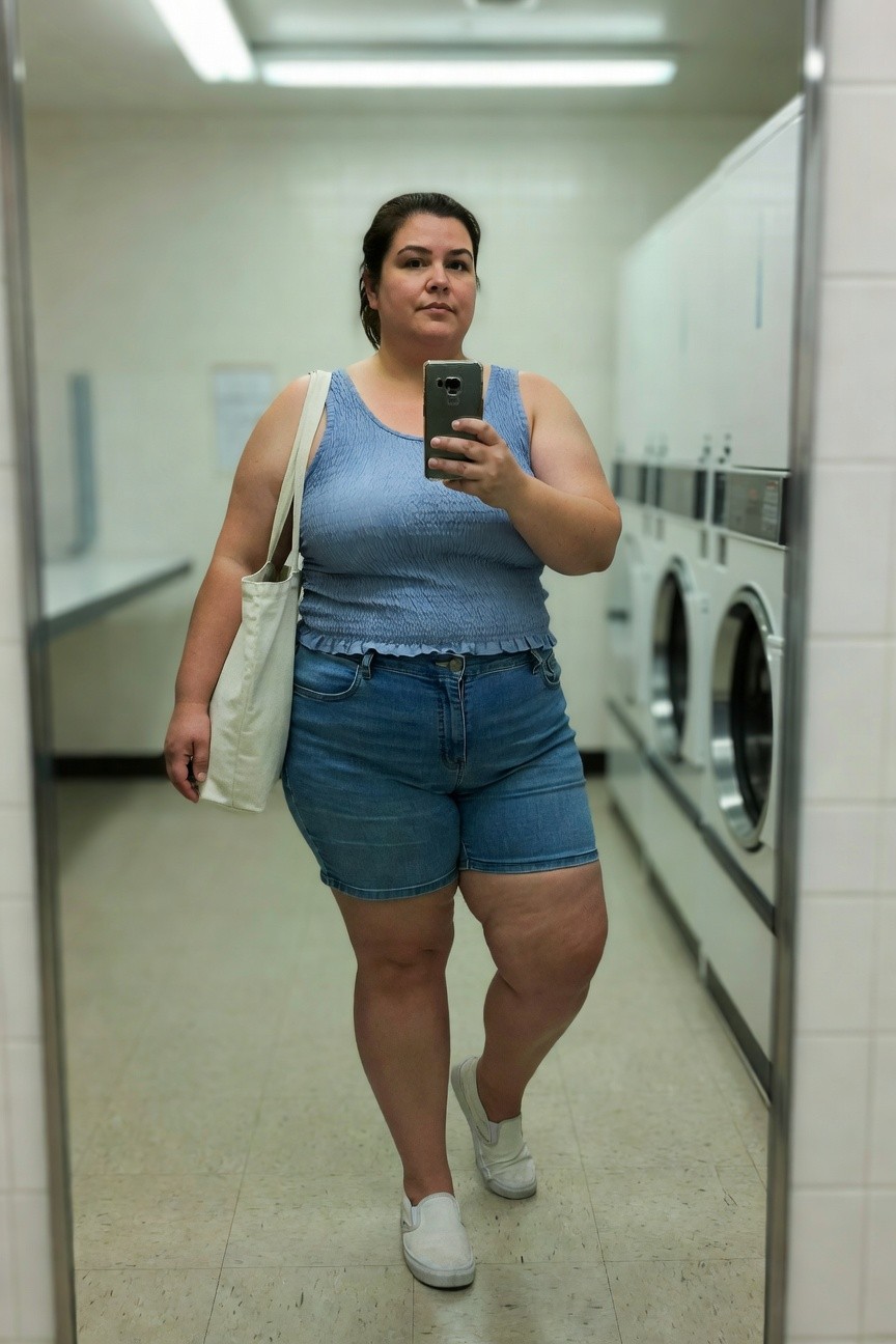 Woman in denim outfit taking a mirror selfie in a laundromat.