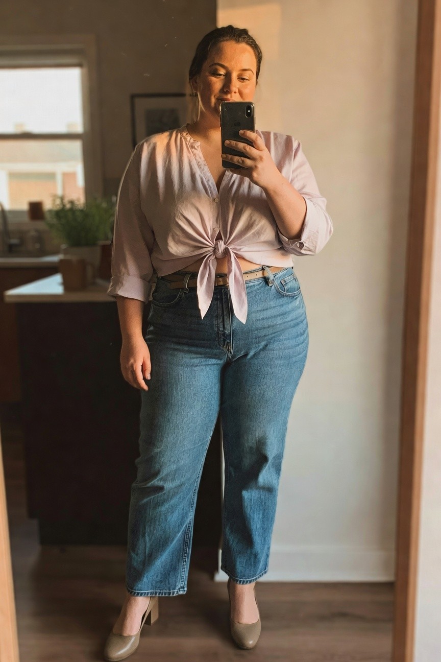 Plus size woman in light pink button up shirt tied in a front knot at the waist, paired with blue straight leg jeans, brown belt, and taupe low heels while taking a mirror selfie.