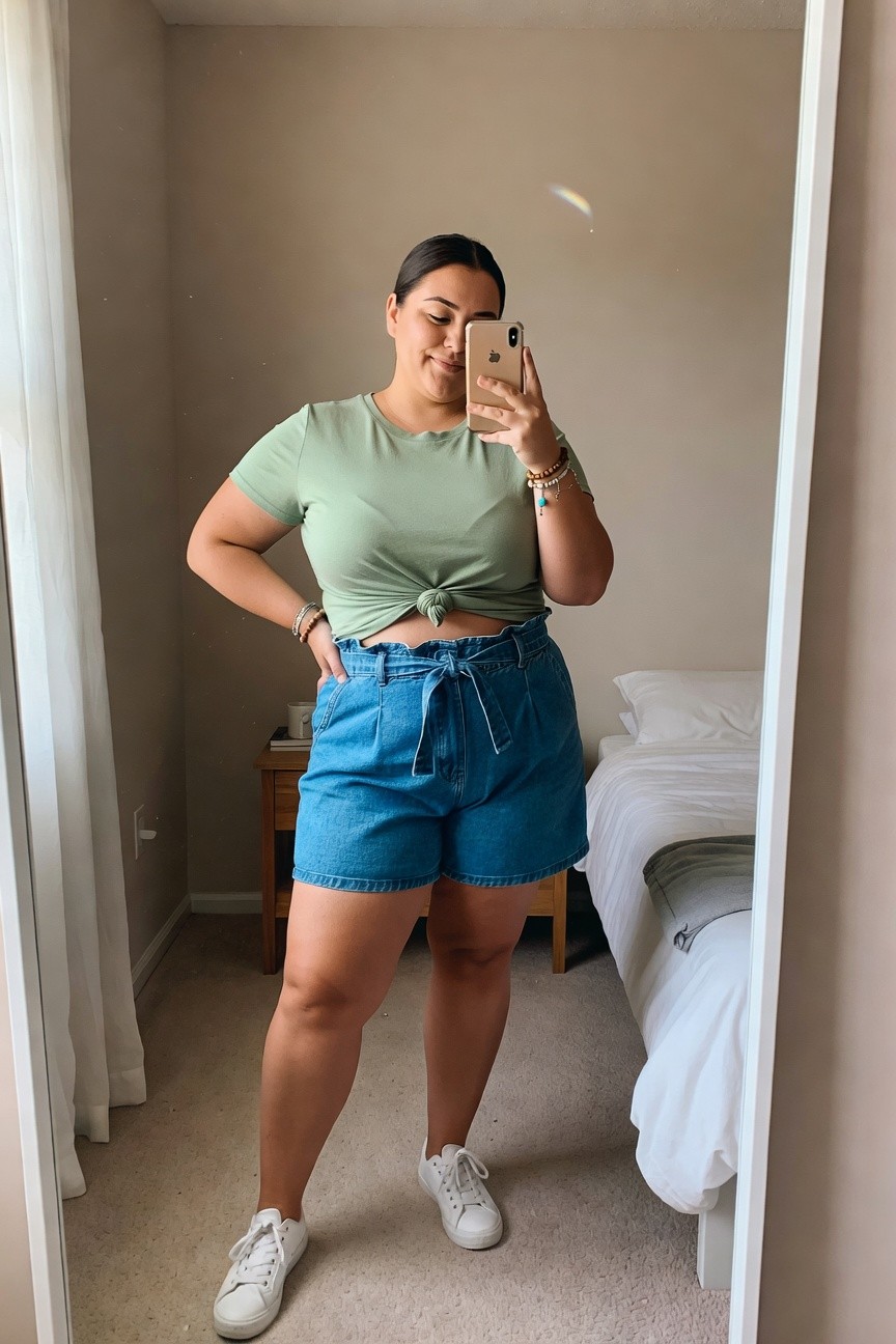 Woman in a mint green knotted t-shirt and blue paperbag waist denim shorts with white sneakers taking a mirror selfie in a bedroom
