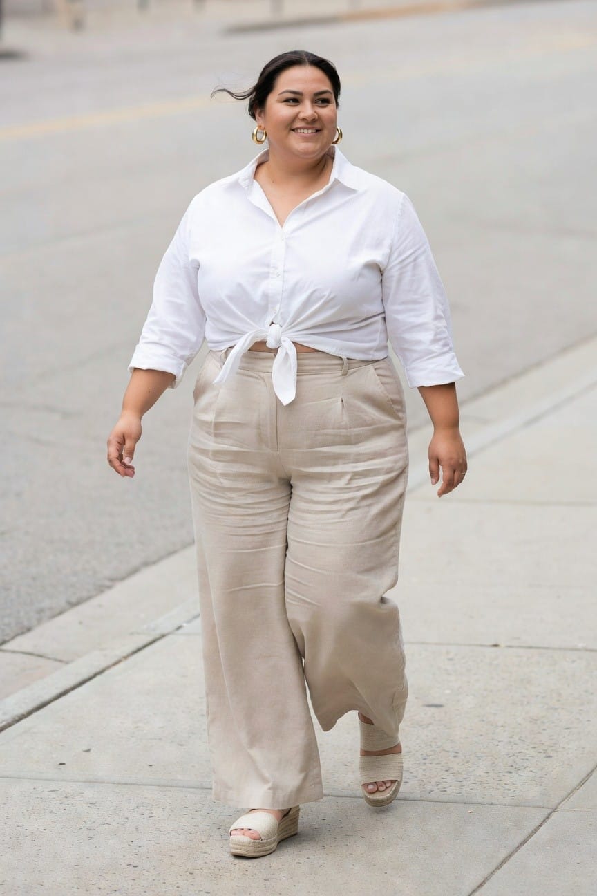 Smiling woman in white tied shirt and beige wide-leg pants walking on sidewalk.