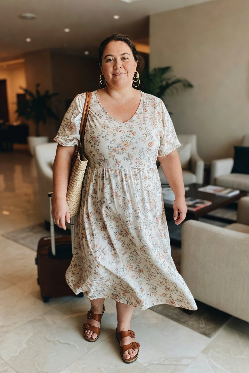Woman in floral dress pulling suitcase in hotel lobby.
