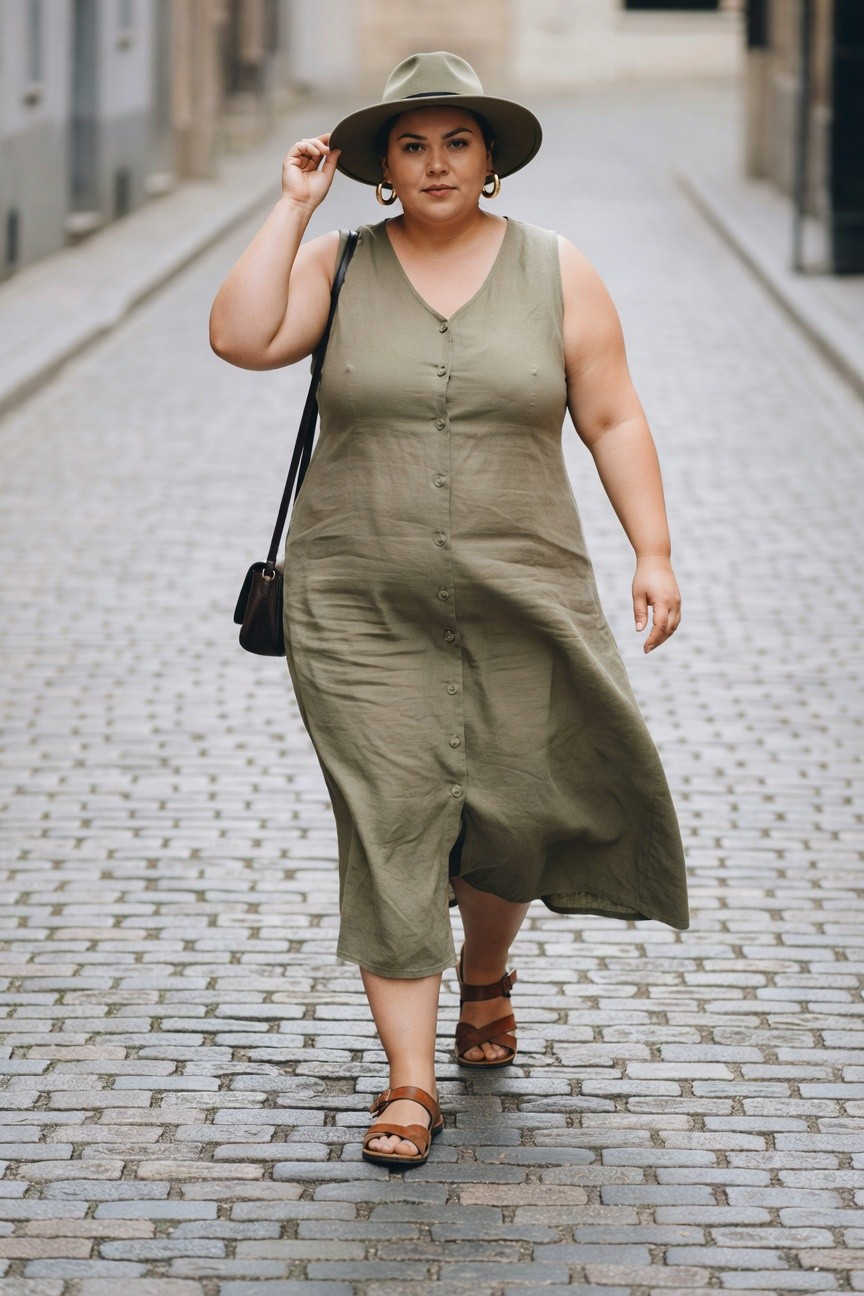 Woman in sage green button-front midi dress and wide hat on cobblestone street.