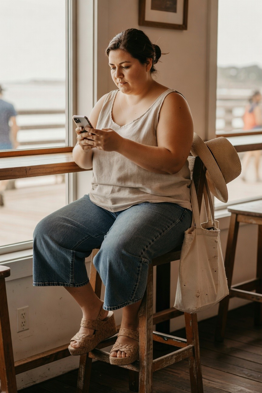 Woman in beige top and jeans sits on wooden stool using phone.