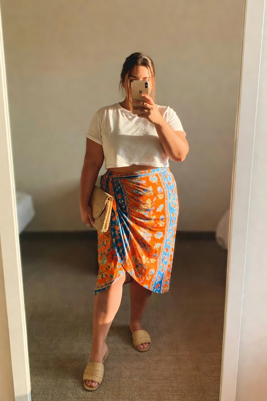 Woman in white crop top and orange floral wrap skirt taking a mirror selfie.