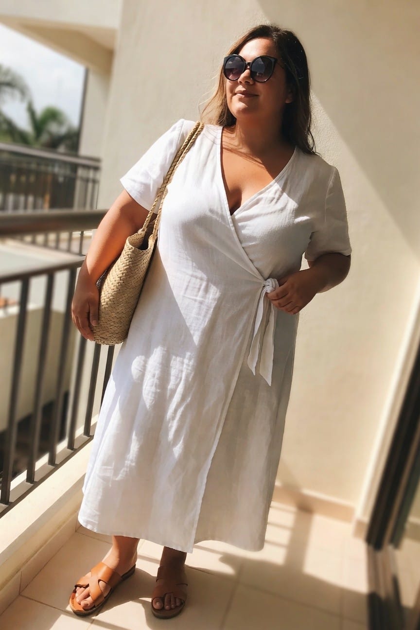 Woman in white wrap dress with woven bag and sunglasses on balcony.