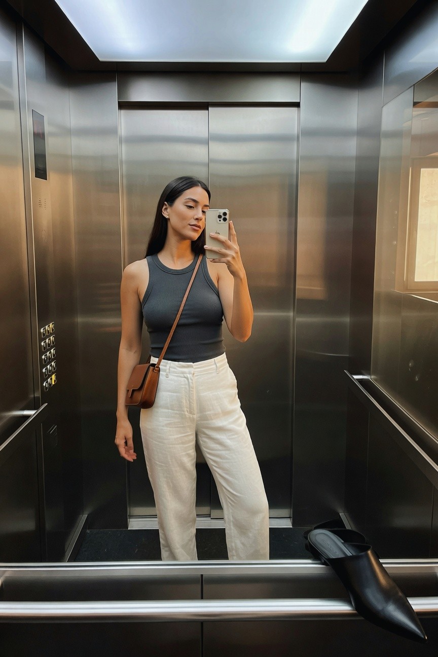 Gray Tank Top And White Linen Pants