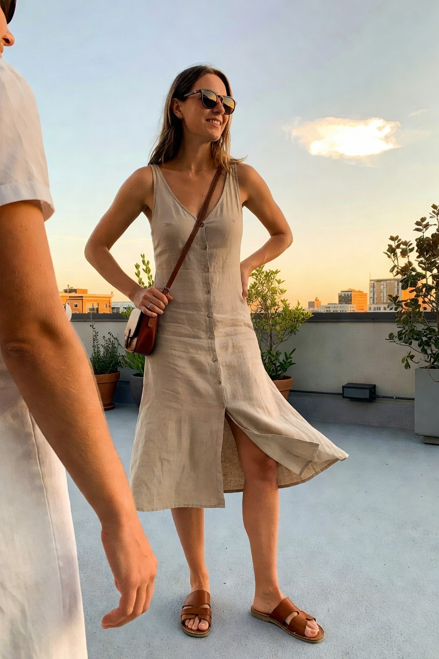 Linen Button Front Midi Dress
