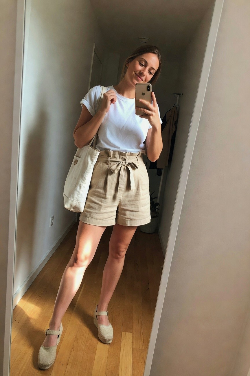 Woman in white crewneck tee, beige linen tie-waist shorts, beige espadrille platform shoes, and carrying an off-white canvas tote while holding a smartphone in a hallway mirror selfie.