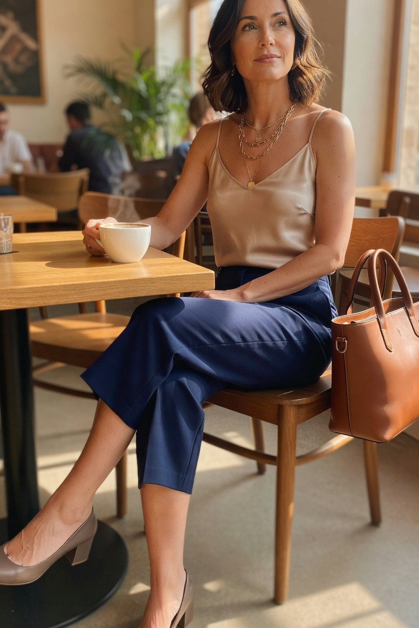 Satin Camisole With Navy Cropped Pants