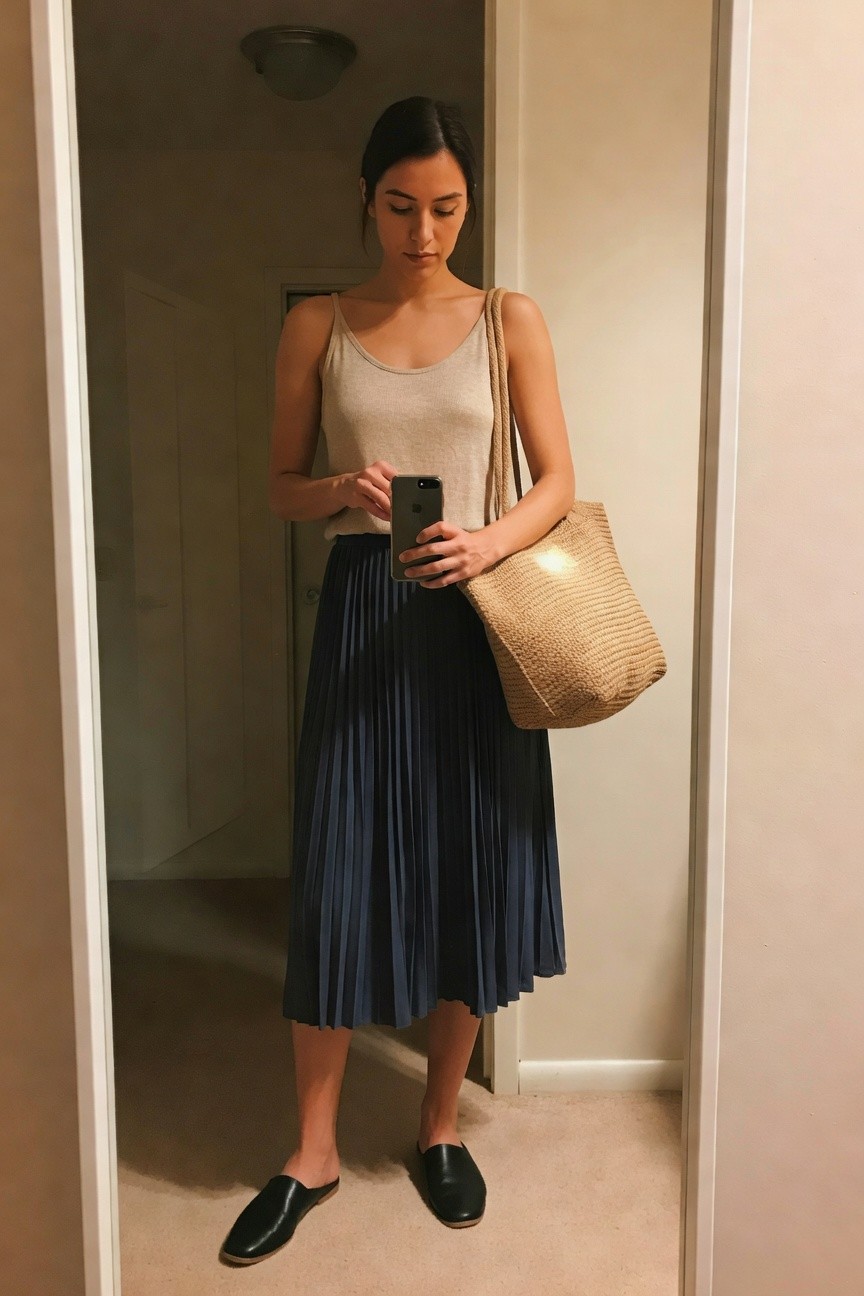 Woman in mirror selfie wearing light beige tank top, navy pleated midi skirt, black flat mules, and carrying a large woven straw tote bag while holding a phone.