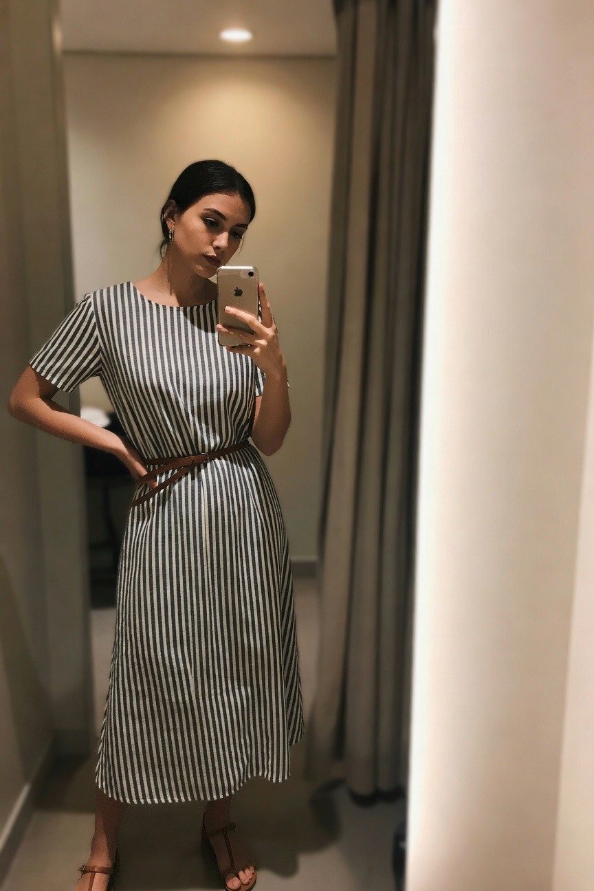 Striped Midi Dress With Belt