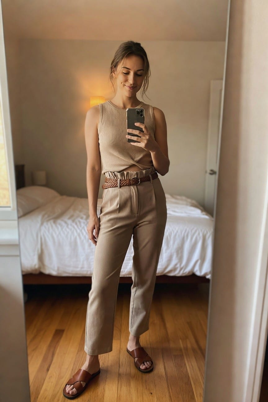 Woman in beige outfit taking mirror selfie in bedroom.