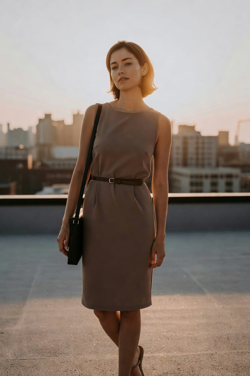 Woman in taupe belted dress with black bag against city skyline at sunset.