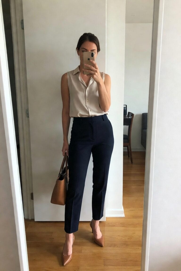 A woman stands in front of a mirror, wearing a light beige sleeveless blouse and navy tailored pants, paired with brown heels and a tan handbag.