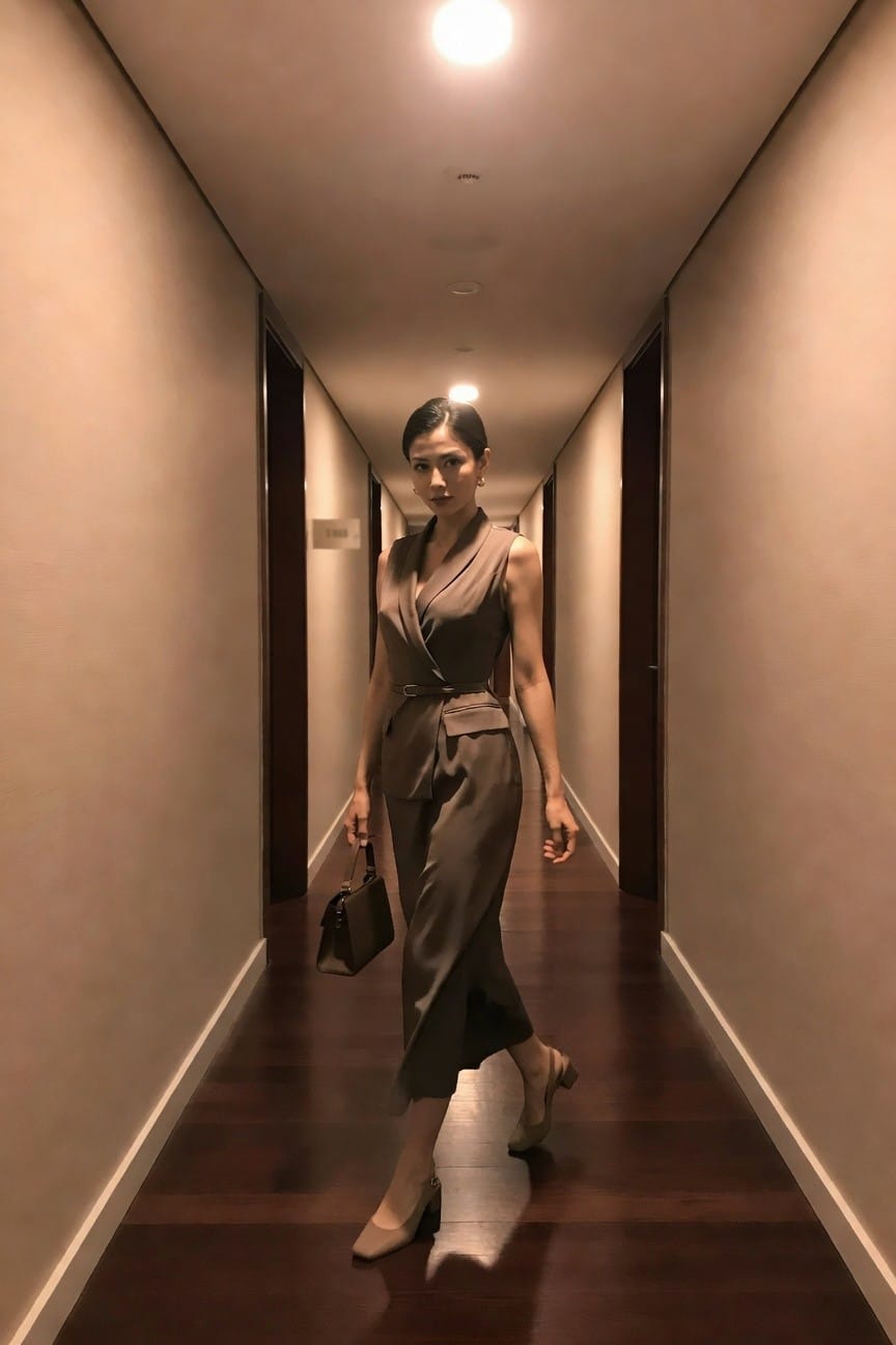 Woman in taupe sleeveless suit walks down a dimly lit hallway.