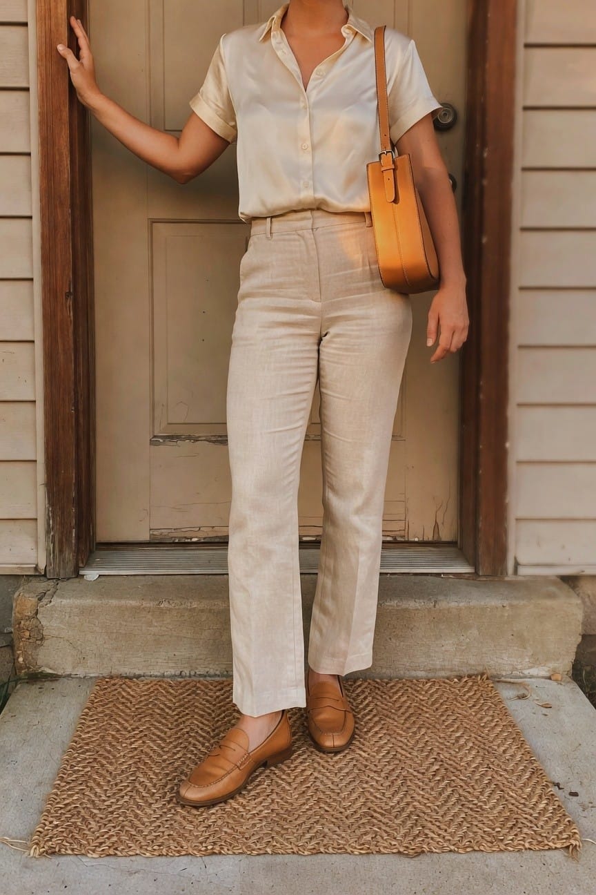 Woman wearing a cream short-sleeve button-up shirt tucked into light beige straight-leg trousers with brown leather loafers and a matching brown leather shoulder bag, standing in front of a door on a woven doormat.
