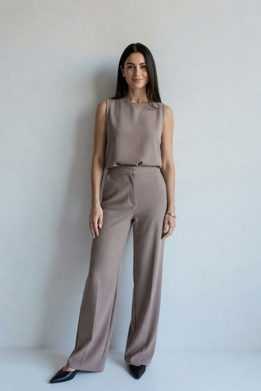 Woman in taupe sleeveless top and wide-leg trousers with black heels.