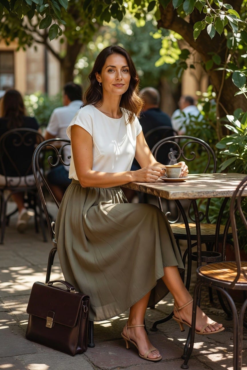 Woman in white top and olive skirt sipping coffee at an outdoor café.