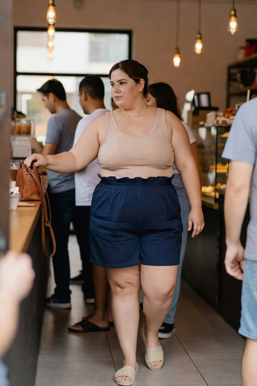 Plus size woman wearing a beige ribbed tank top tucked into navy blue high waisted shorts with a ruffled waistband, paired with beige woven slide sandals and a brown leather crossbody bag, standing in a casual indoor setting.