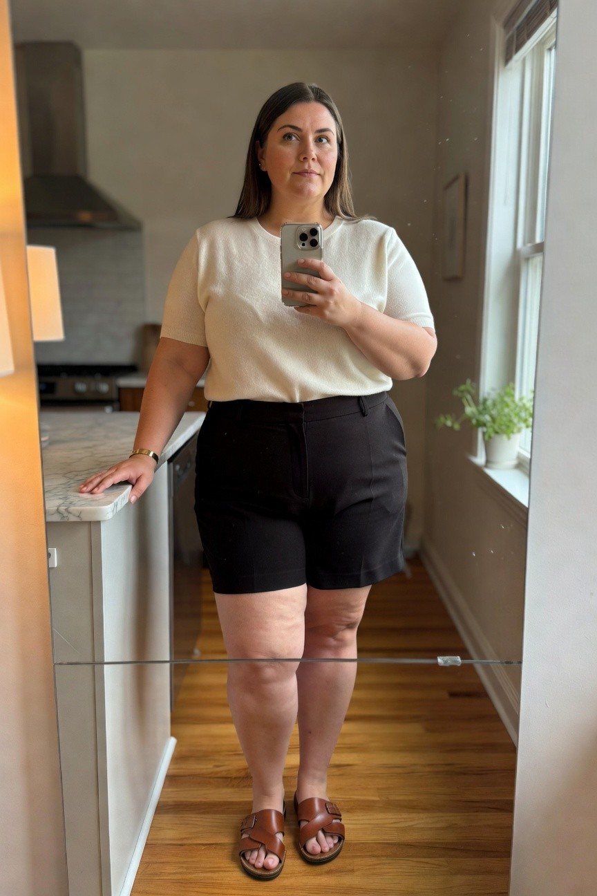 Woman in cream sweater and black shorts taking a mirror selfie.