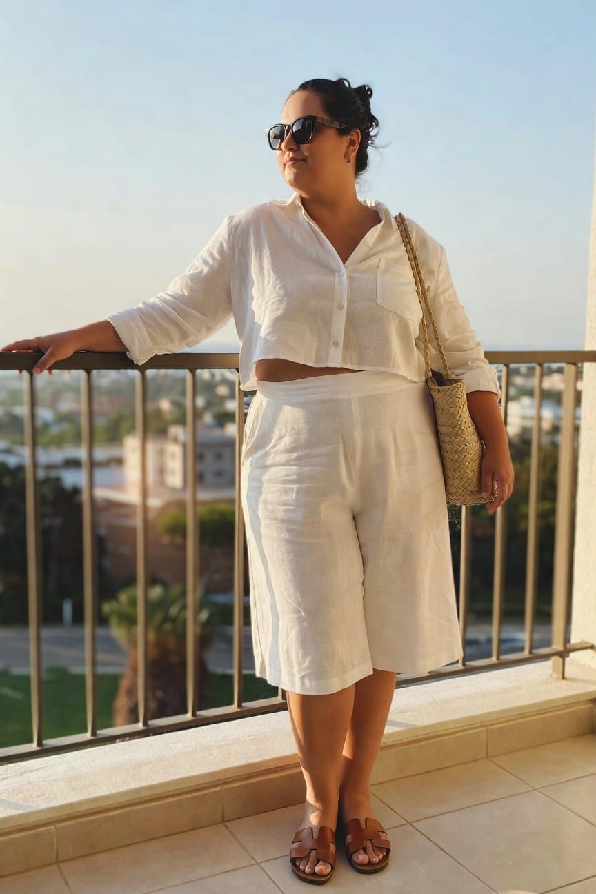 Plus size woman in white linen cropped button down shirt and white bermuda shorts with brown leather sandals plus woven straw bag and sunglasses.