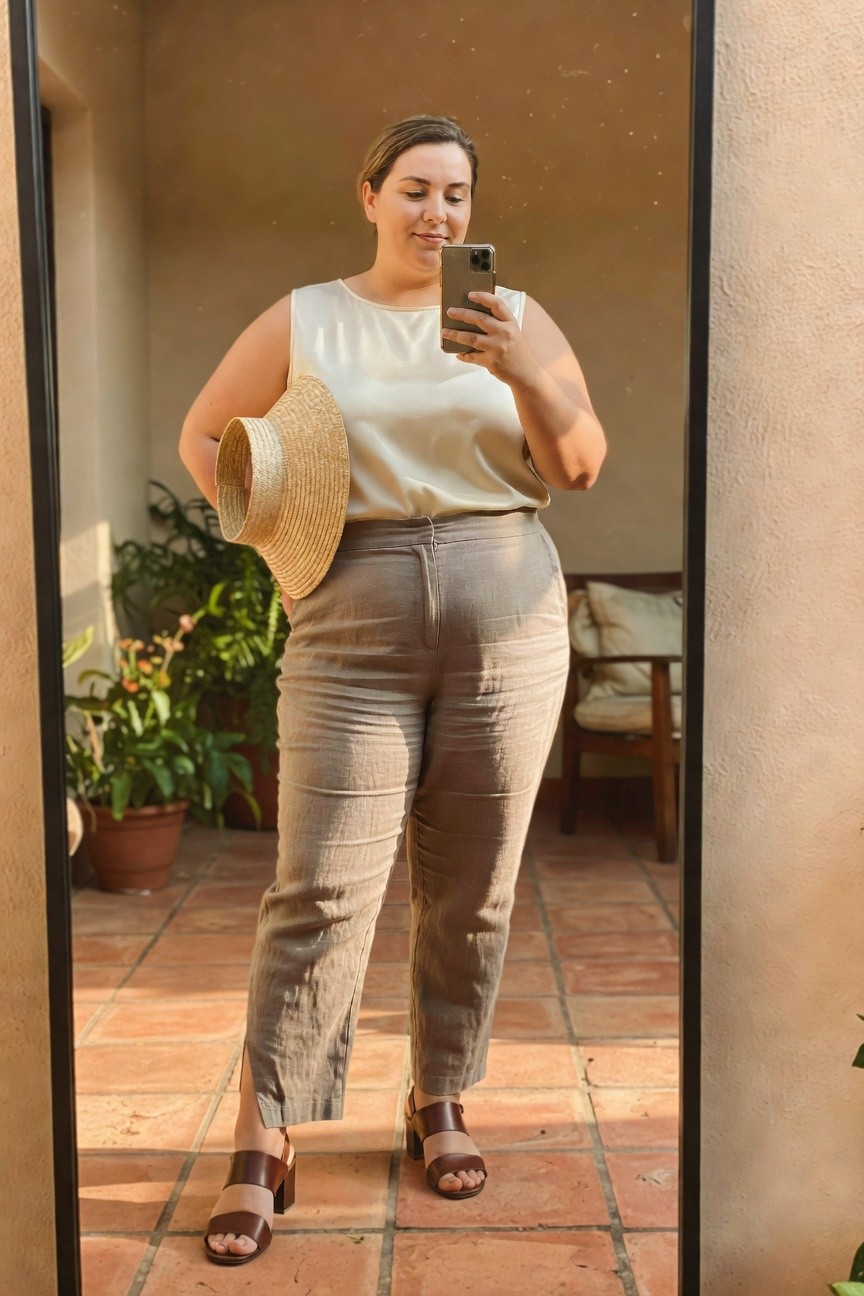 Woman in beige top and linen pants taking mirror selfie with straw hat.