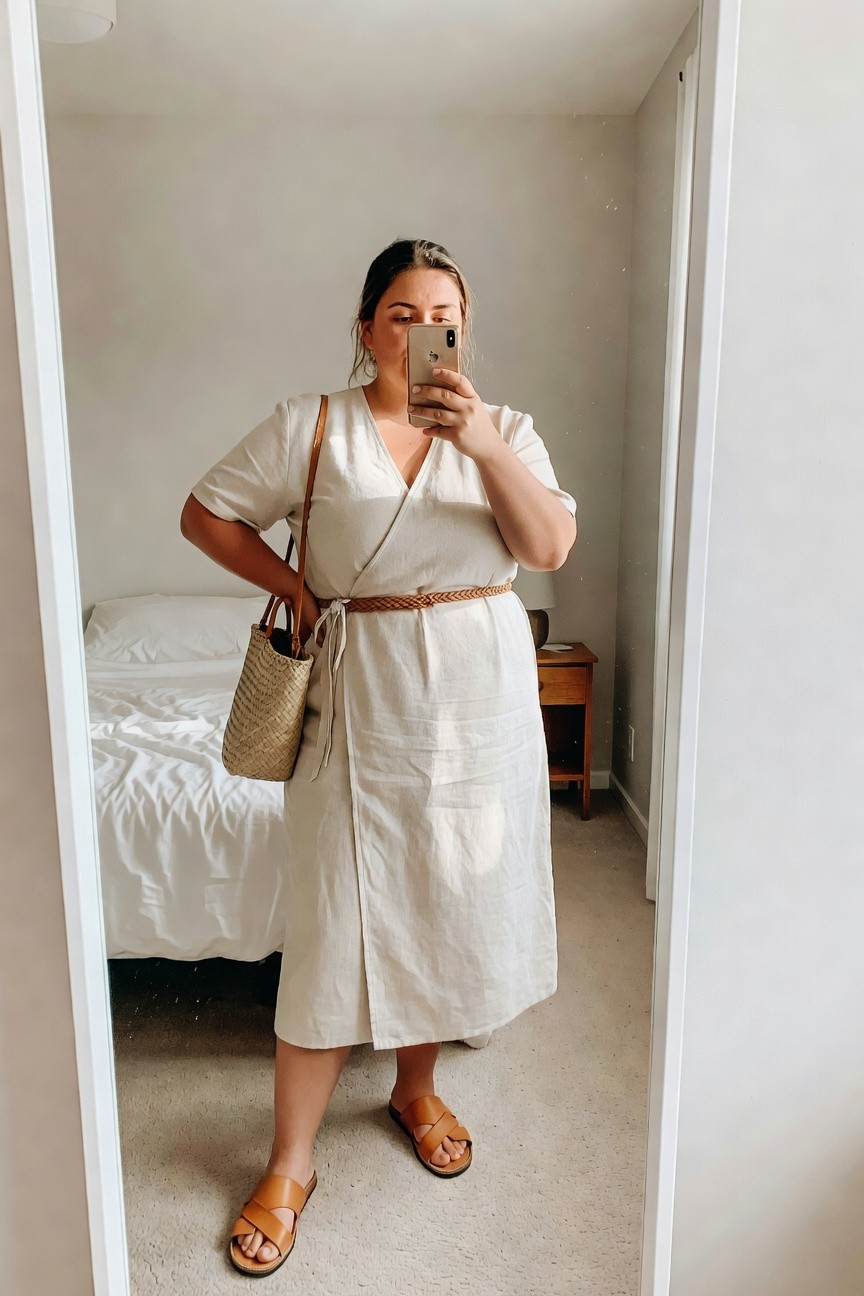 Woman in white wrap dress taking mirror selfie with woven bag.