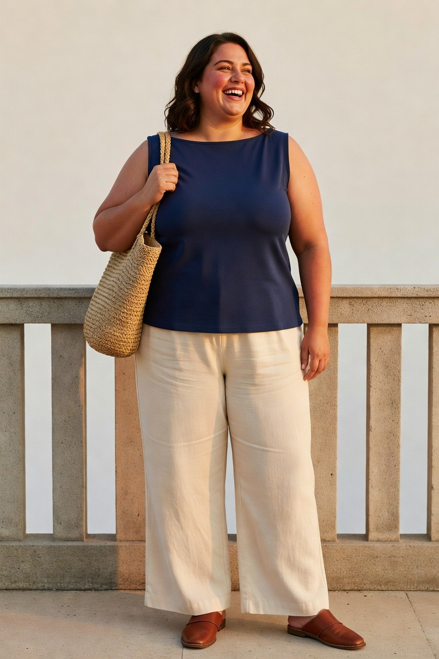 Smiling woman in navy top and white wide-leg pants holding woven bag.