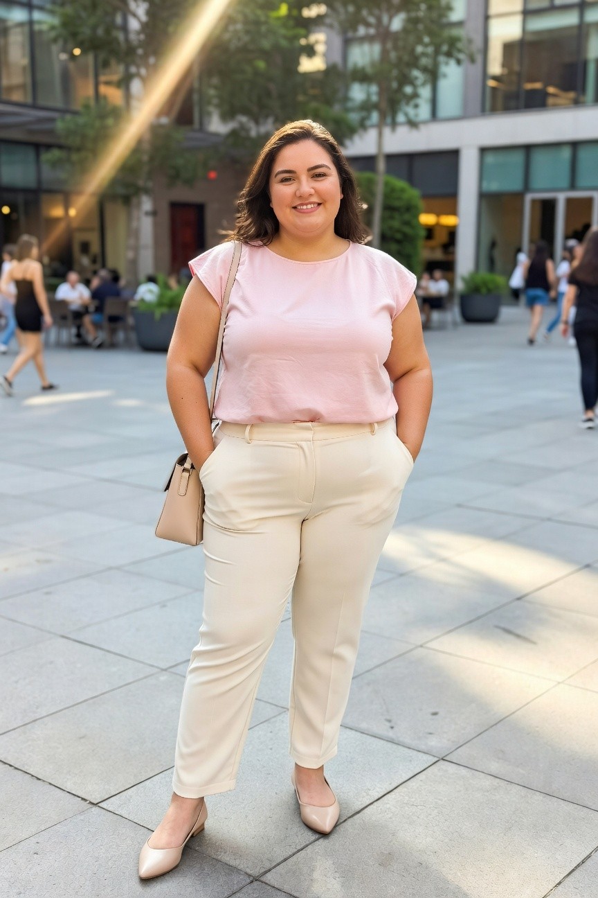 Smiling woman in pink top and cream pants standing outdoors.