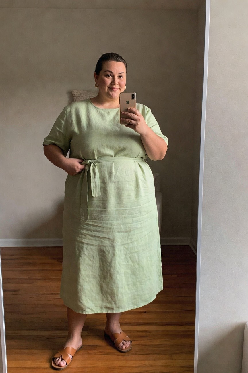 Woman in light green linen dress taking a mirror selfie.