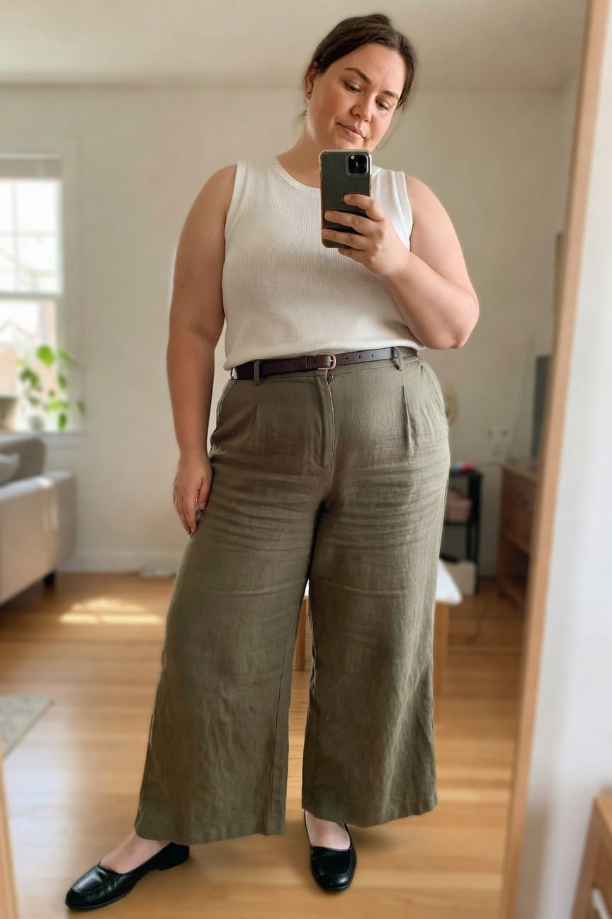 Plus size woman in white ribbed sleeveless tank olive green pleated wide leg linen pants brown leather belt and black loafers taking a mirror selfie in a home setting