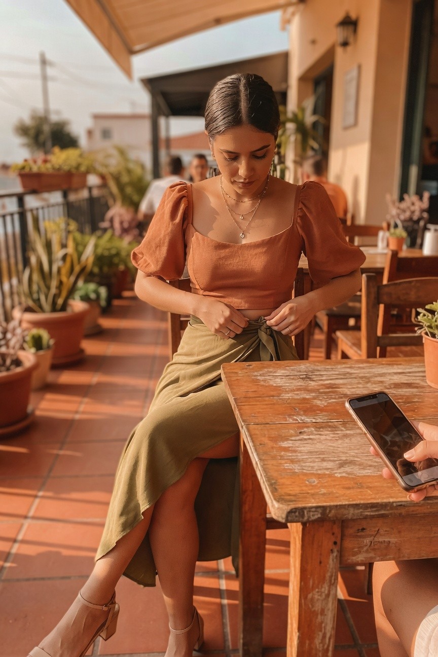 Woman in terracotta puff sleeve crop top with square neckline and olive green wrap midi skirt tied at the waist, layered gold necklaces, beige block heel sandals, seated at wooden table outdoors