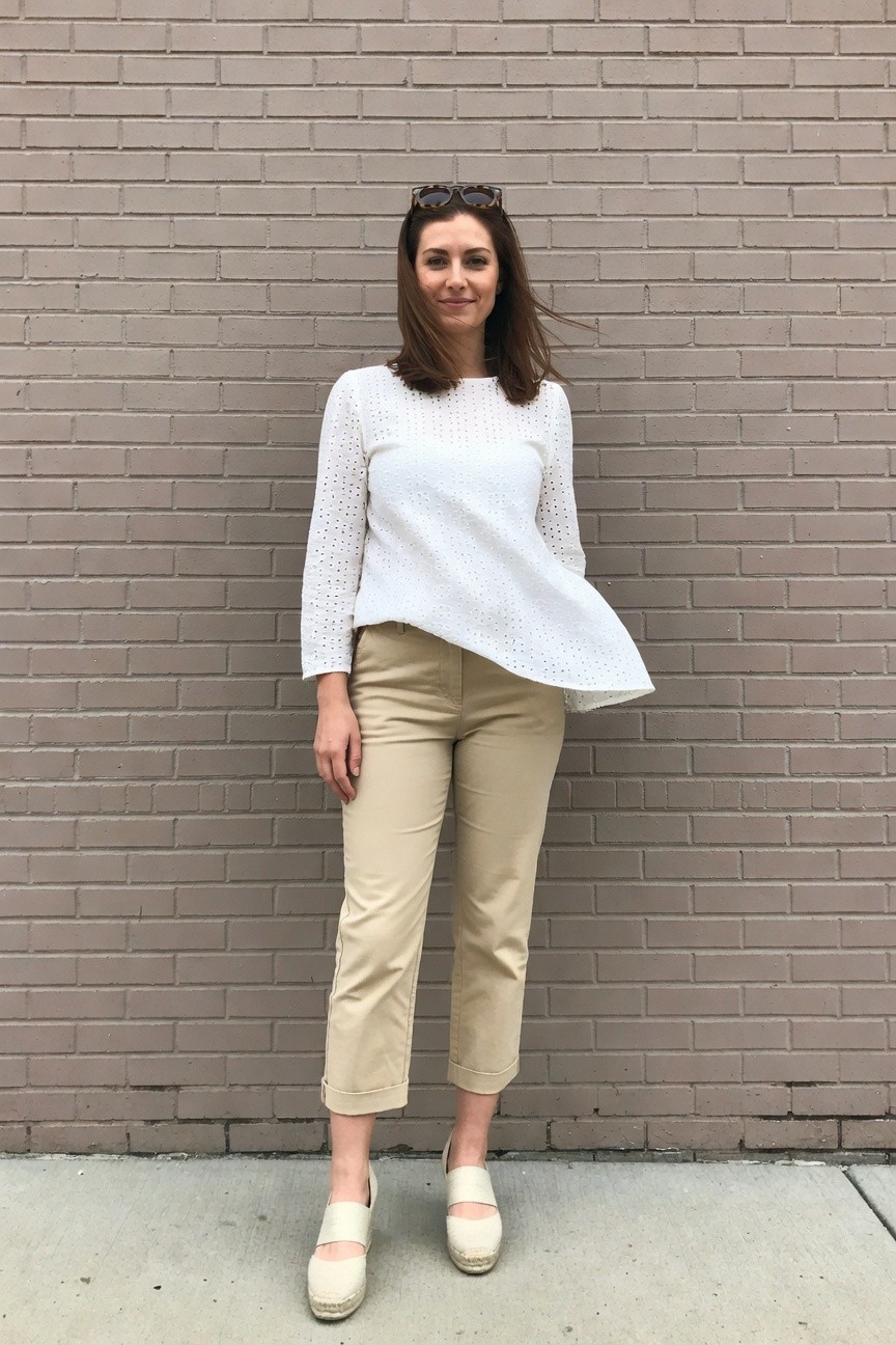White Eyelet Top With Cropped Khaki Pants