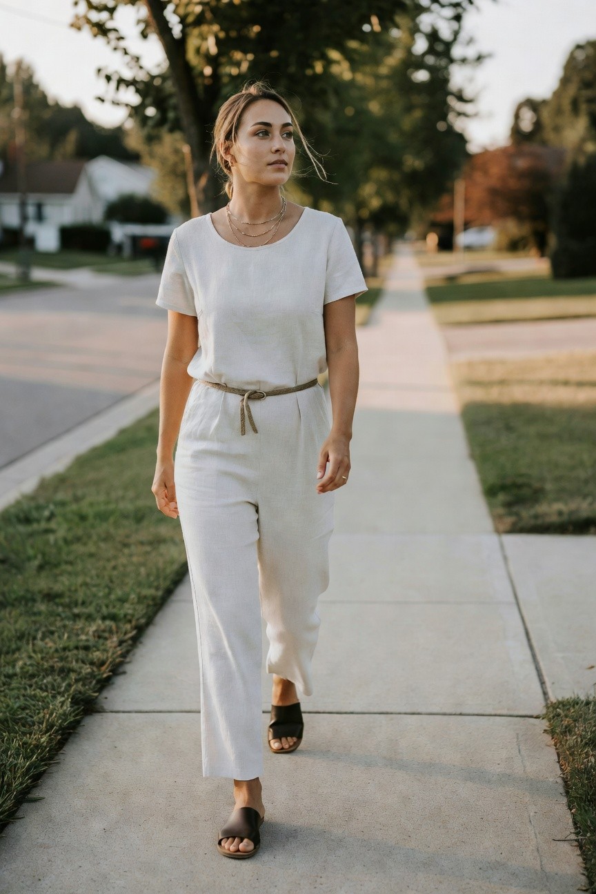 White Top And Pants With A Tied Belt