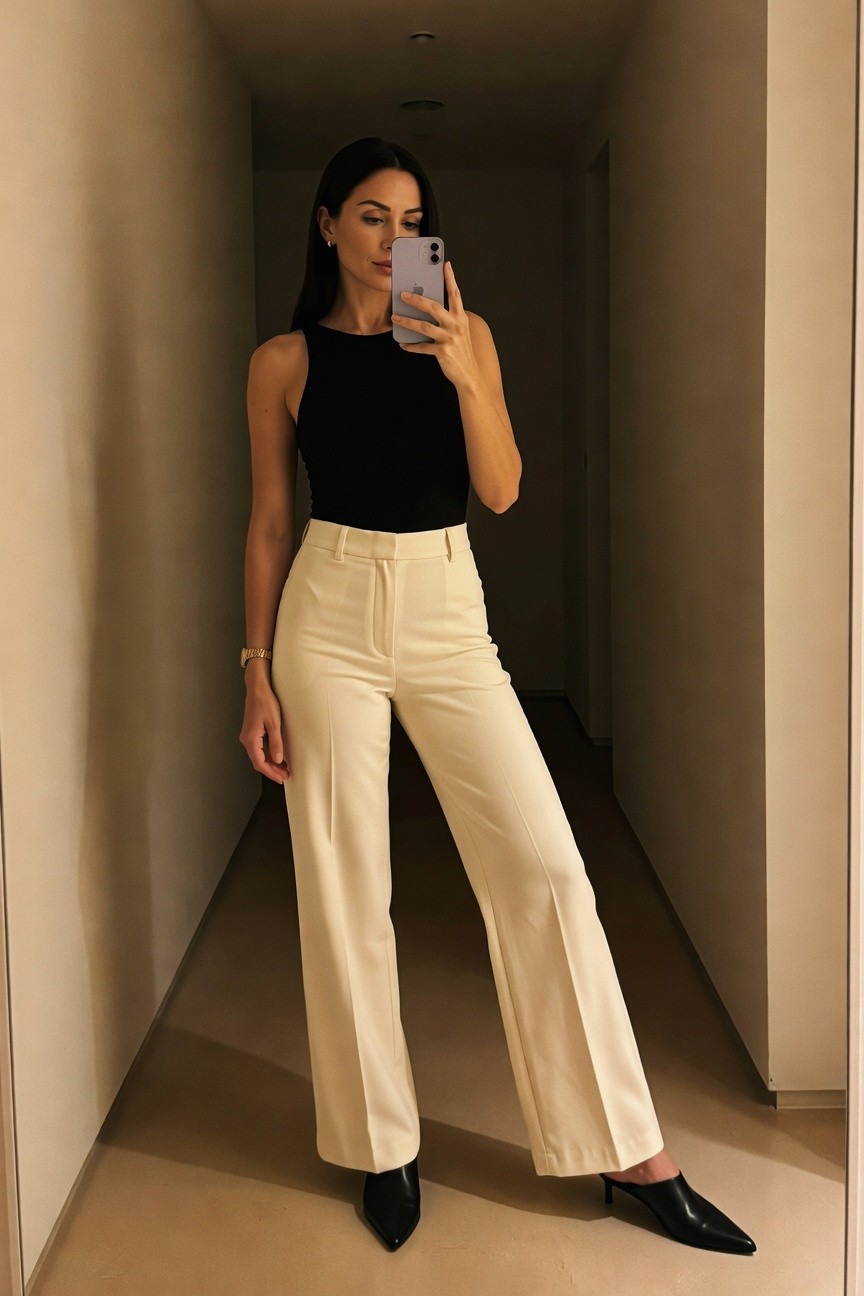 Black Tank Top And Cream Pants
