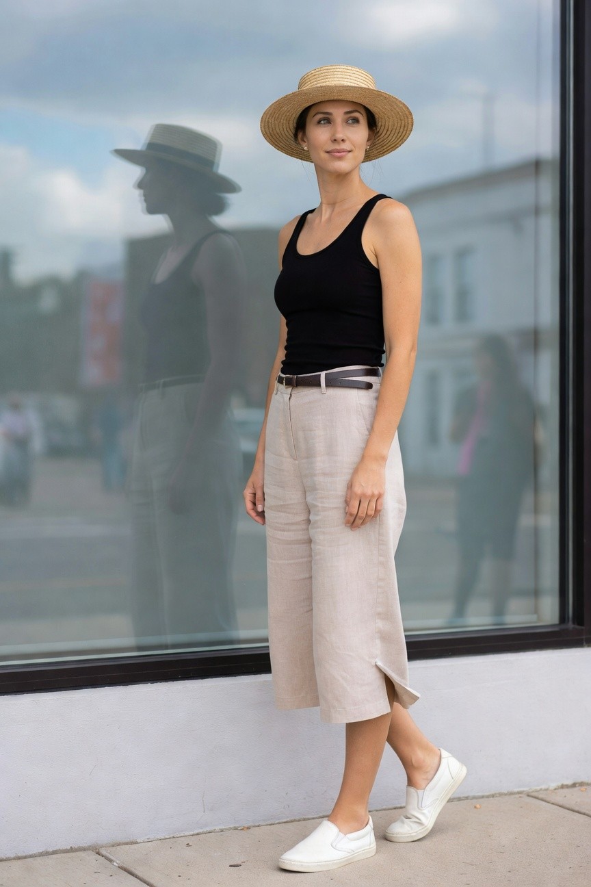Woman wearing a black tank top, beige wide-leg linen culottes with a brown belt, straw hat, and white slip-on sneakers standing in front of a large window.