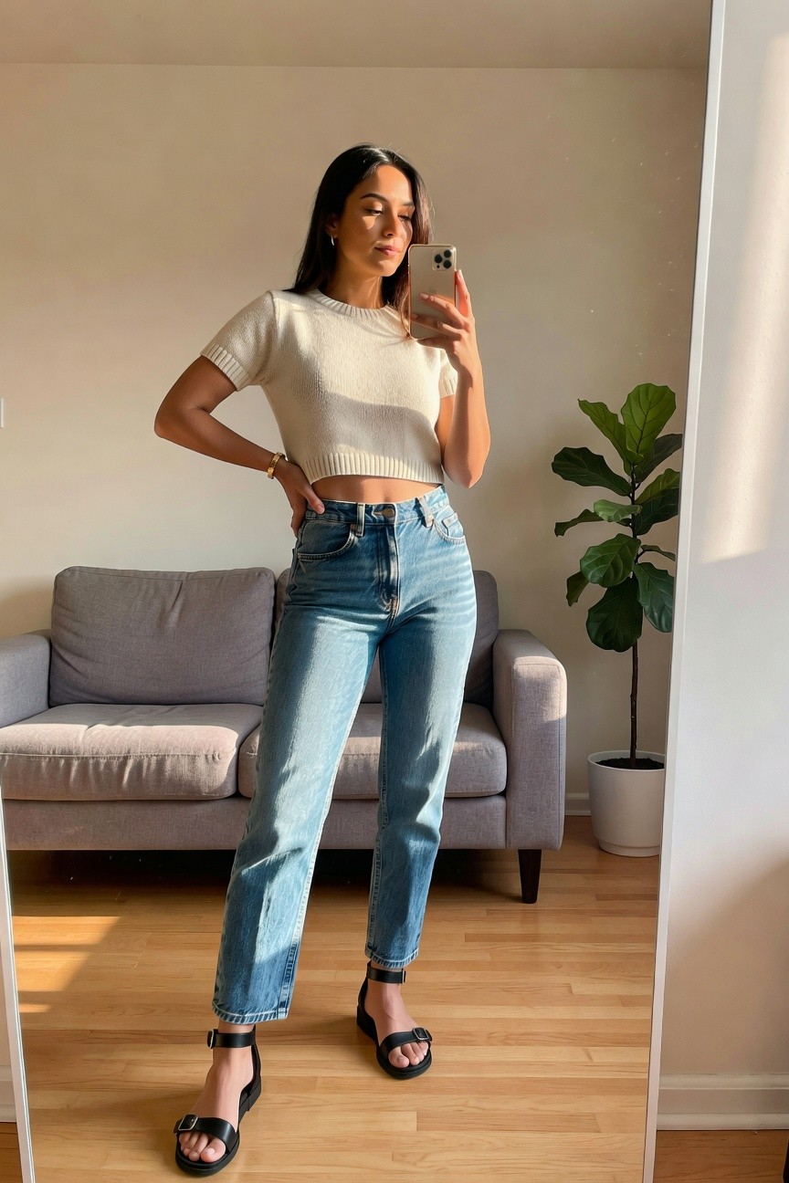 Woman in mirror selfie wearing cream short sleeve cropped knit top, light blue high waisted straight leg jeans, and black buckle sandals with minimal gold jewelry.
