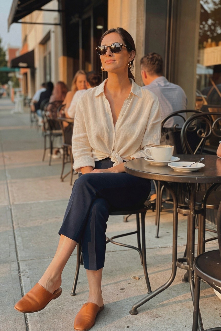 Woman in cream linen button-up shirt tied at the waist, navy cropped pants with sheer side panel, brown leather mules, and sunglasses seated at an outdoor table.