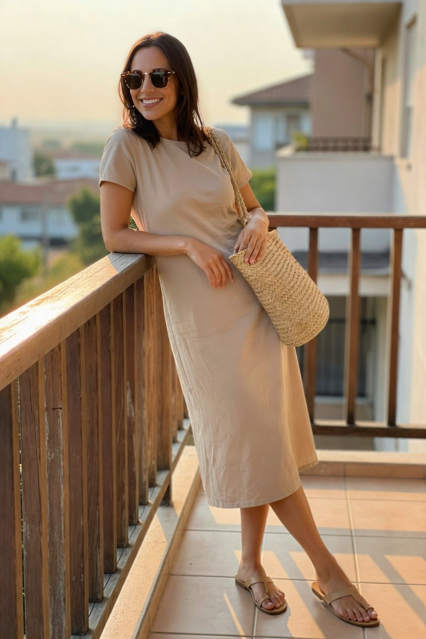 Neutral Midi Dress With Simple Accessories