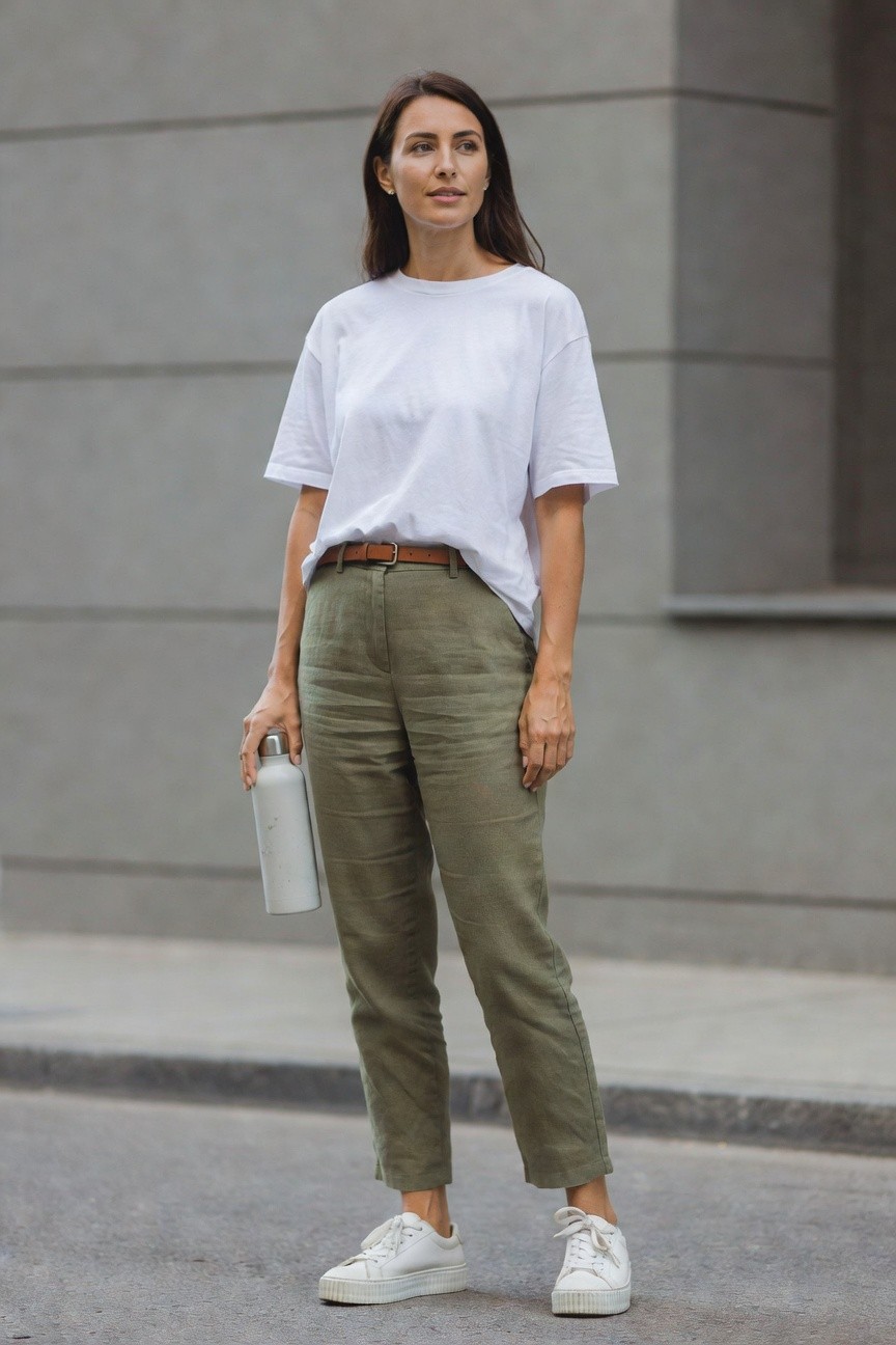 Olive Pants With A White Tee