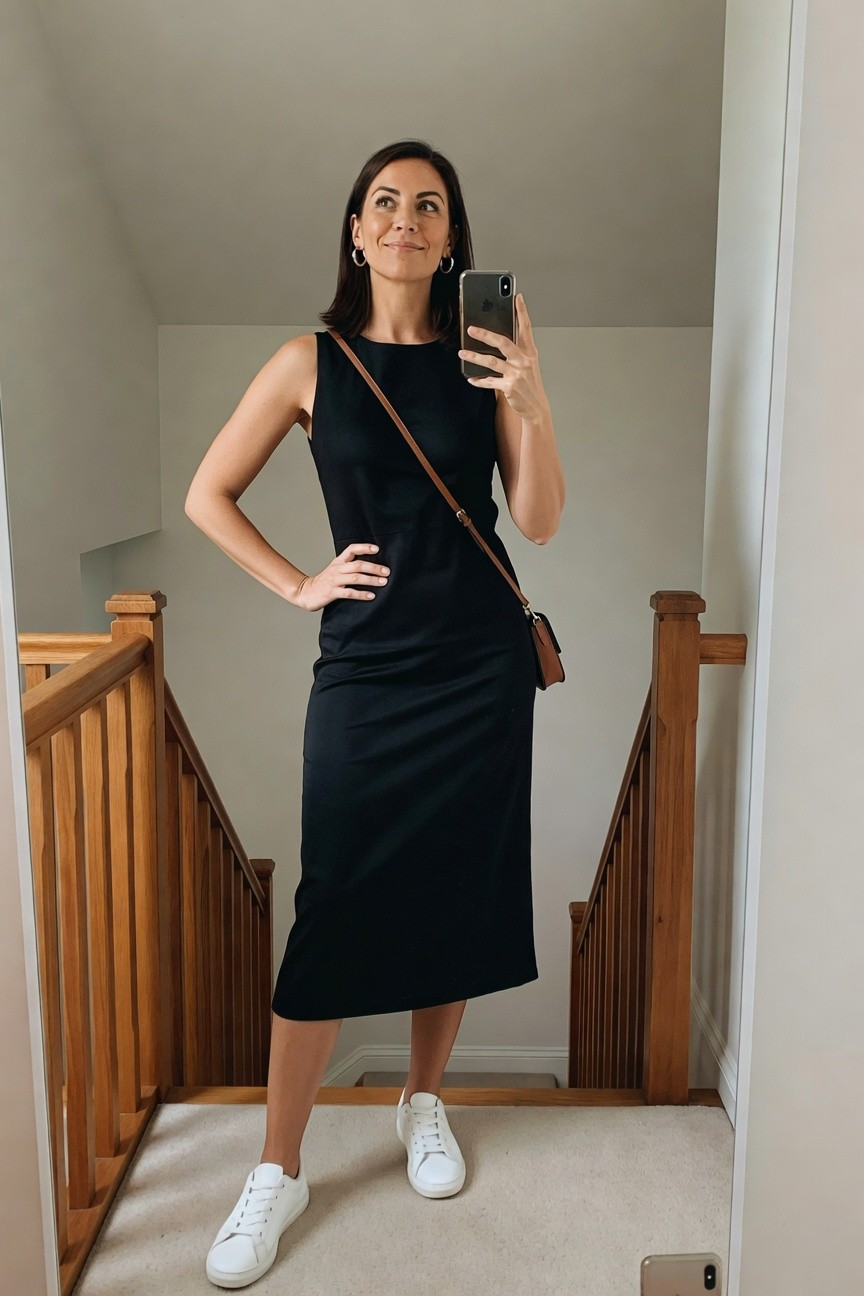 Sleeveless Black Midi Dress And White Sneakers