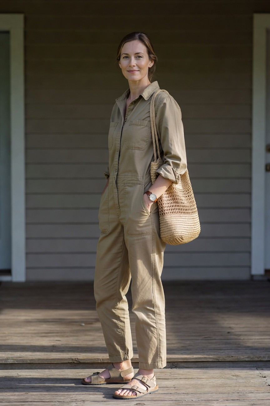 Tan Jumpsuit With Straw Tote