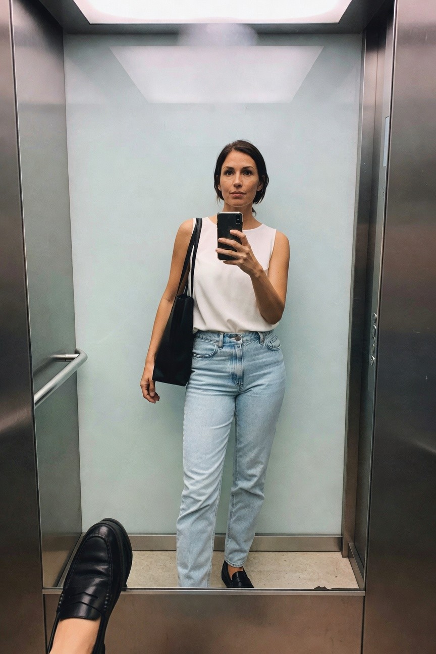 Woman in a white sleeveless tank and light blue straight leg jeans holding a black tote while wearing black loafers in an elevator mirror selfie