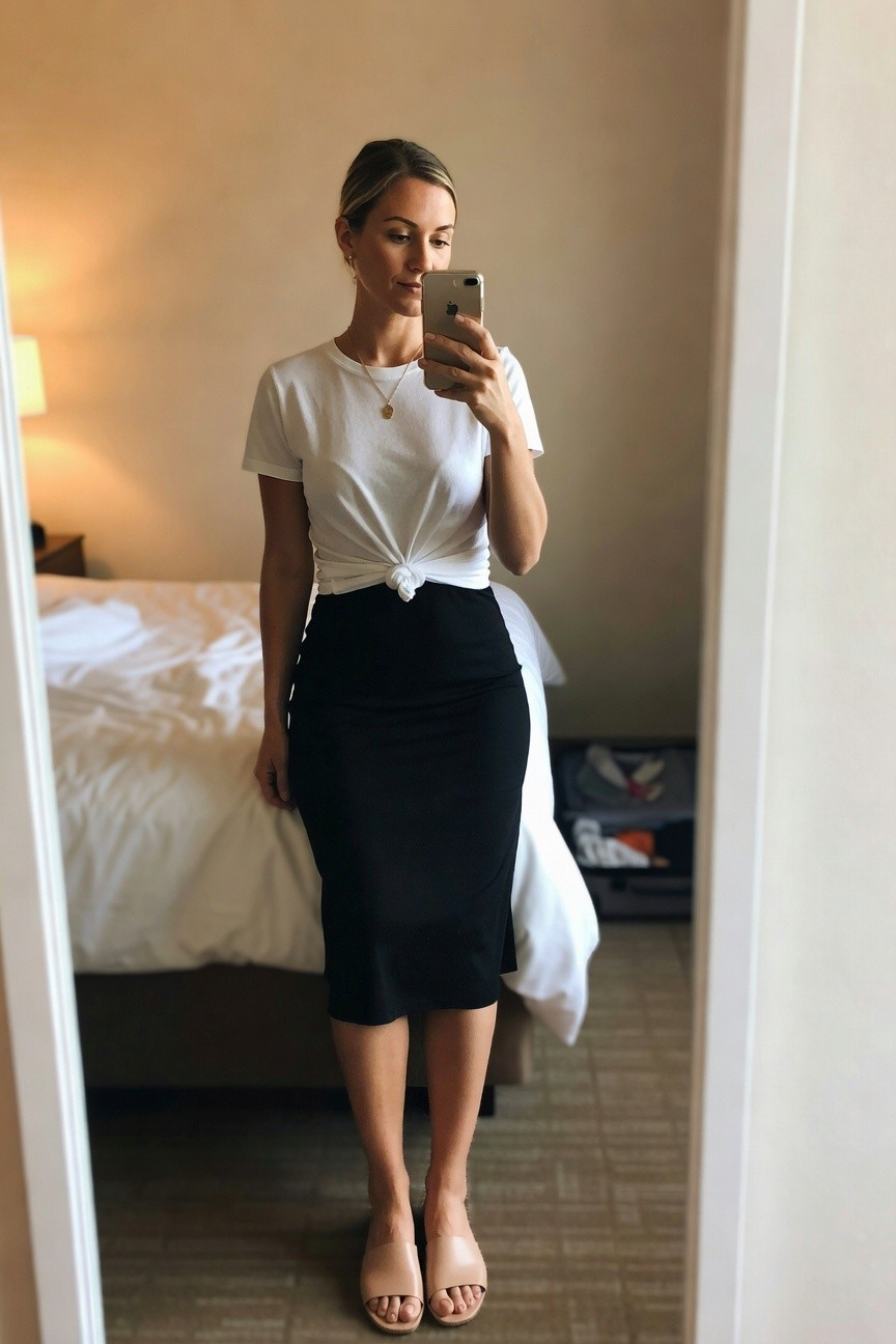 White Tee With Black Midi Skirt