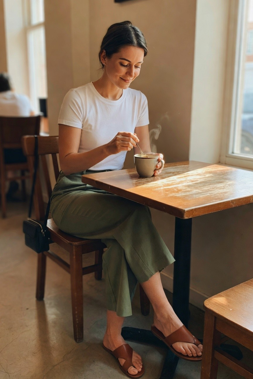 Woman in white short sleeve t-shirt and olive green midi skirt seated at a wooden cafe table wearing brown leather slide sandals and holding a coffee cup