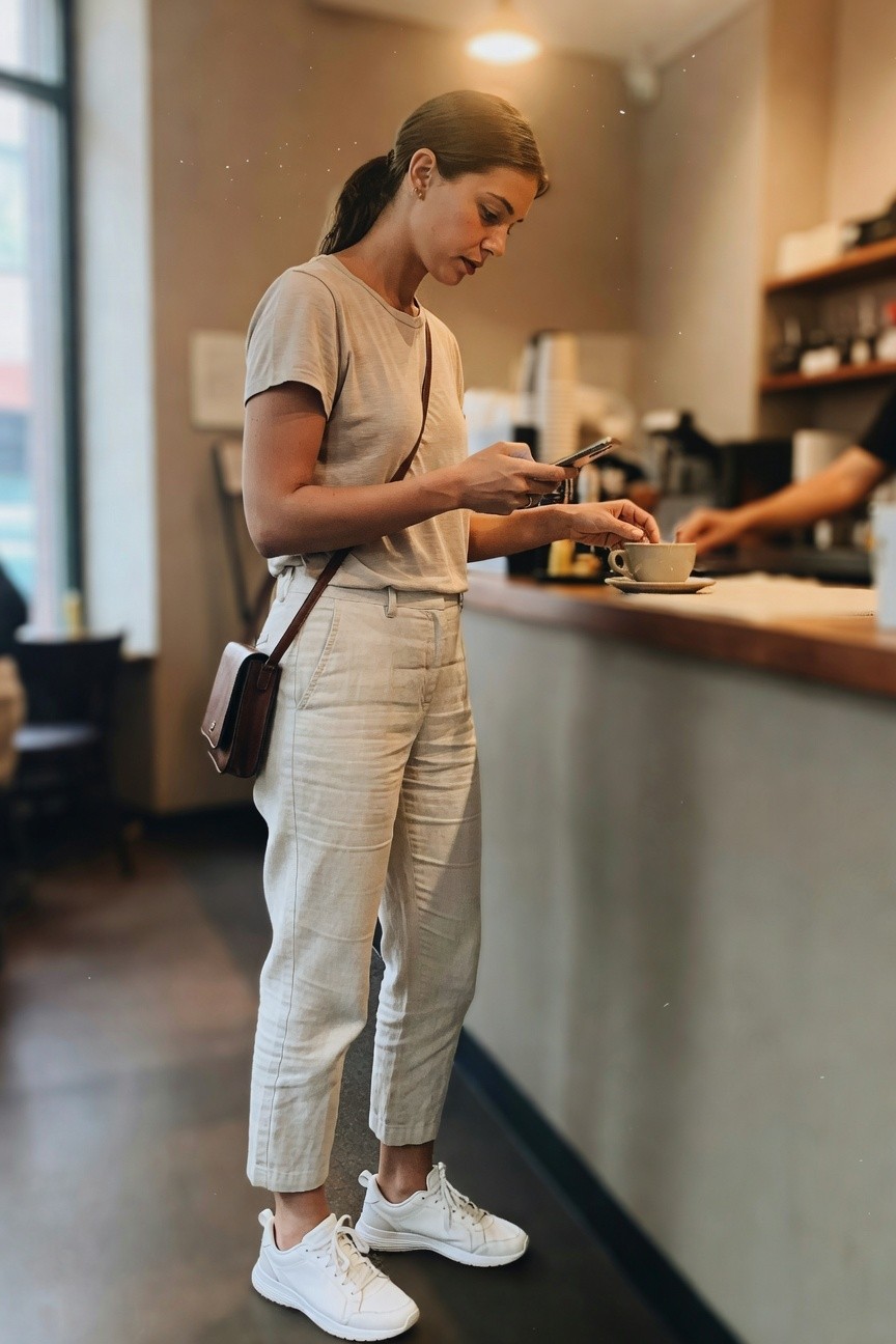 Basic Tee And Linen Pants With Sneakers