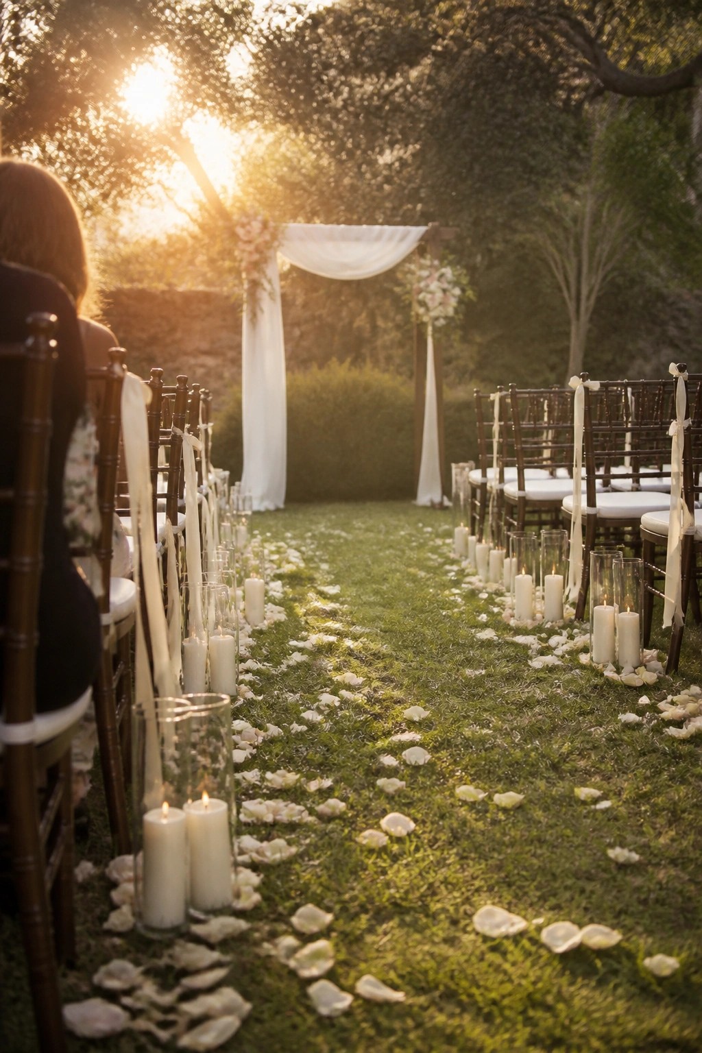 Outdoor wedding ceremony aisle at sunset with candles in glass holders, white petals on grass, wooden chairs with satin ribbons, and a draped arch in the distance