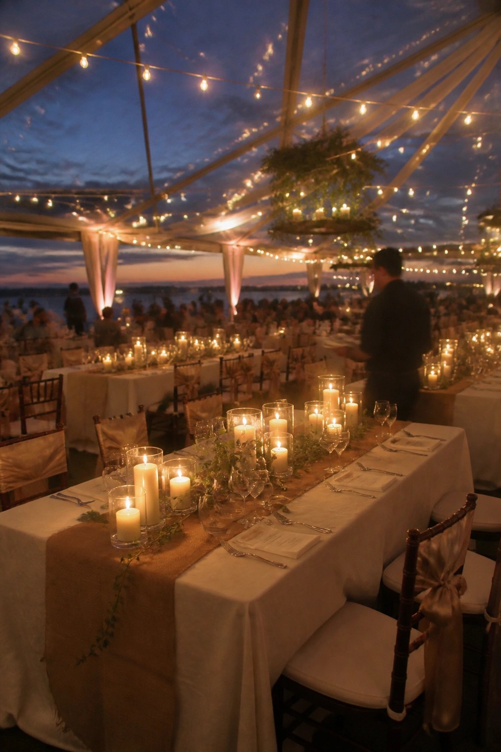 Elegant tented wedding reception at dusk with long tables set in white linens burlap runners and glowing candles under string lights overlooking the water