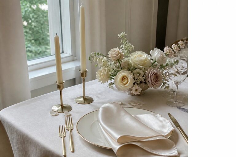Elegant wedding table setting with white satin napkin, gold rimmed plate, brass candlesticks, neutral rose floral arrangement, and crystal glass on white linen under soft window light.