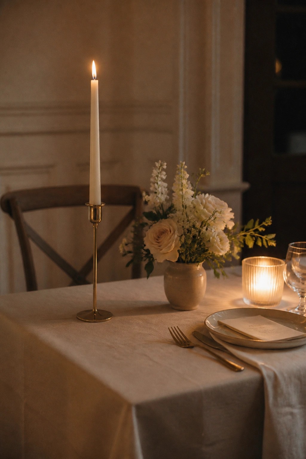 A wedding table with a tall lit candle in brass, a vase of cream roses and white flowers, a glowing votive, and neutral place settings on a linen cloth in soft evening light.
